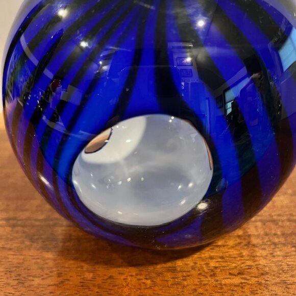 Murano Style Cobalt Blue and Black Stripe Blown Glass Bowl Vase Peekaboo Cutouts - Picture 4 of 6